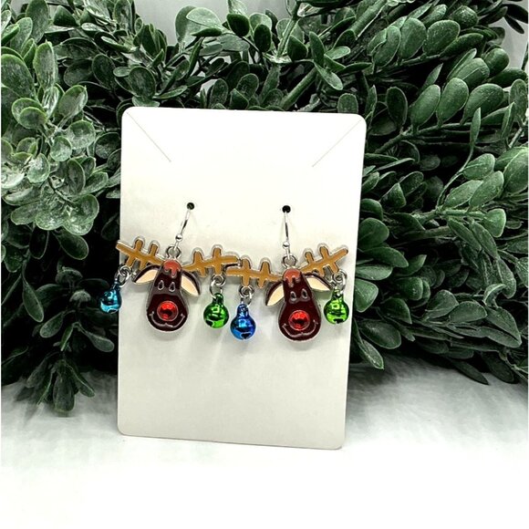 Reindeer Earrings With Multicolor Jingle Bells - Picture 2 of 7
